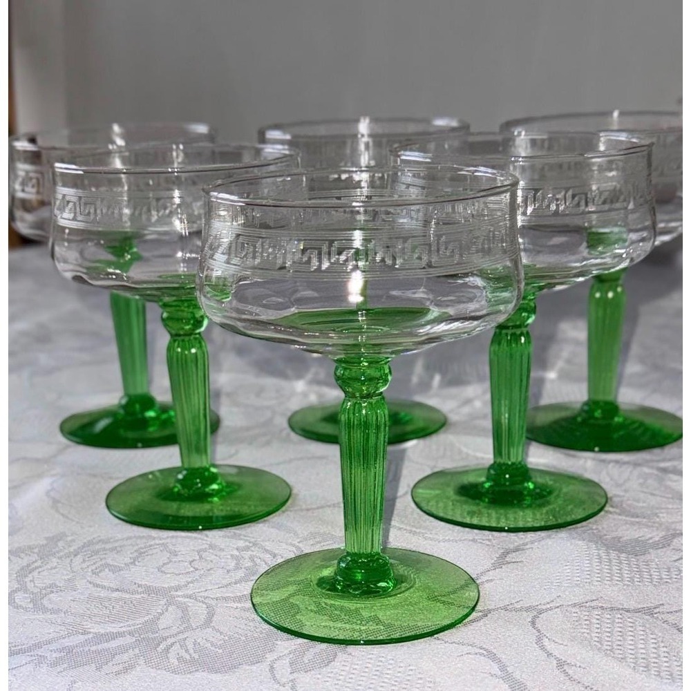 Vintage‎ Uranium Glass Goblets Set of 6 Etched Bowls Ribbed Green Stems UV Glow